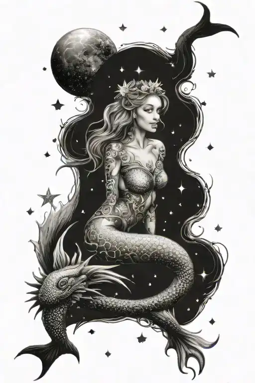 sun and moon surrounded by stars with a mermaid and dragon   tattoo design idea