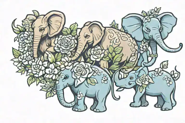 bug, kangaroo, and and elephant with flowers tattoo design idea