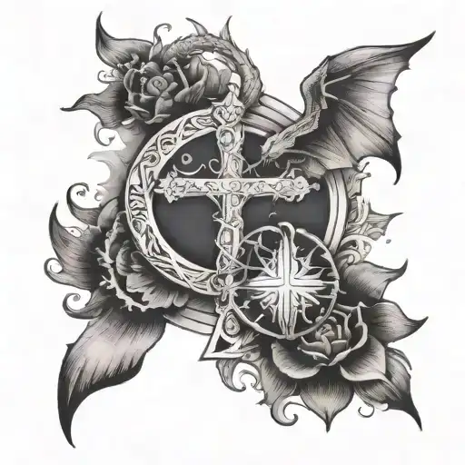 Catholic cross with dragon and filipino sun moon stars tattoo design idea