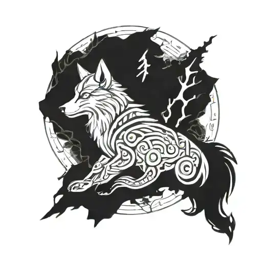 Incorporate Viking runes into a fierce wolf design tattoo design idea