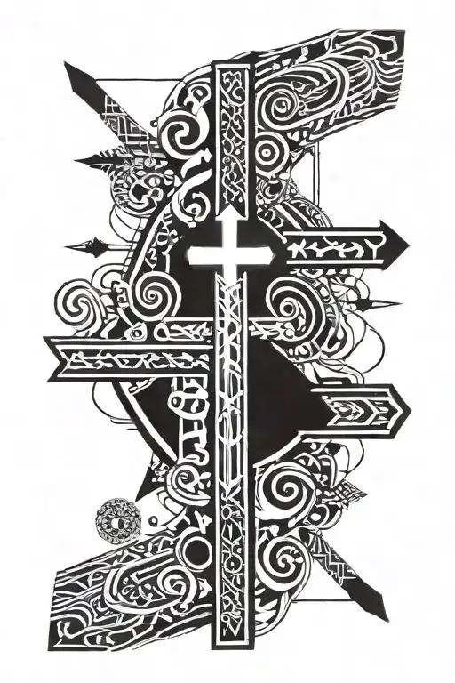 A simple design featuring a cross some words and an arrow with the objects being black itself and outer up it being whit tattoo design idea