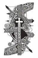 A simple design featuring a cross some words and an arrow with the objects being black itself and outer up it being whit tattoo design idea