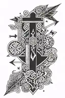 A simple design featuring a cross some words and an arrow with the objects being black itself and outer up it being whit tattoo design idea