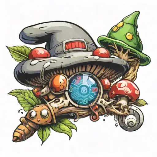 a tattoo with a super Mário mashroom and hat, Legend off Zelda ocarina and master sword and pokemon pokeball and Pokédex tattoo design idea