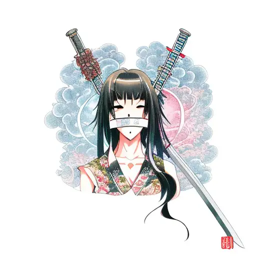 anime girl with katana, pretty, high resolution tattoo design idea