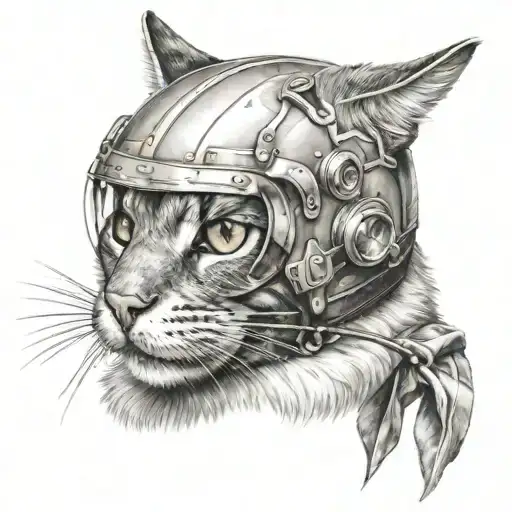 A realistic portrait of a cat wearing a racing helmet, combining the client's favorite things in a unique and eye-catching way tattoo design idea