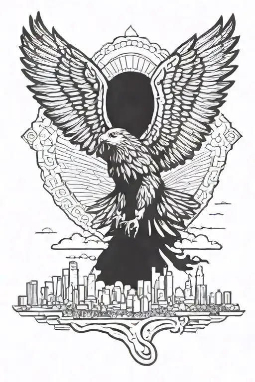 Mexican eagle landing on Los Angeles skyline tattoo design idea