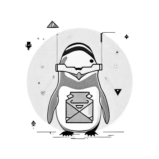 A penguin wearing a hacker hoodie and holding a Linux command line tool tattoo design idea