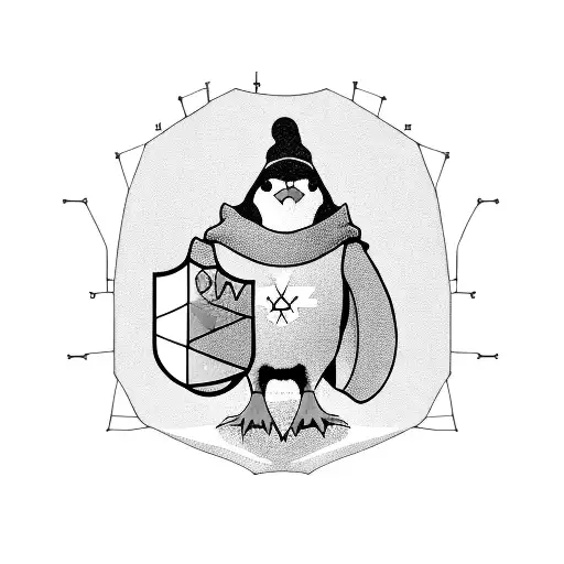 A penguin wearing a hacker hoodie and holding a Linux command line tool tattoo design idea