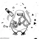 A penguin wearing a hacker hoodie and holding a Linux command line tool tattoo design idea