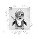 A penguin wearing a hacker hoodie and holding a Linux command line tool tattoo design idea