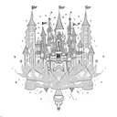 under breast disney castle with characters hanging like crystals tattoo design idea