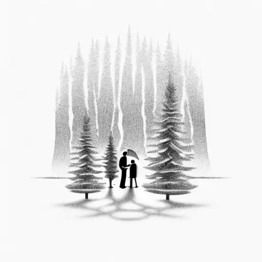 Immigrant family embracing under a pine tree during a rainstorm tattoo design idea