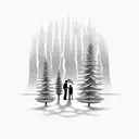Immigrant family embracing under a pine tree during a rainstorm tattoo design idea