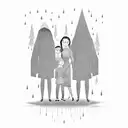 Immigrant family embracing under a pine tree during a rainstorm tattoo design idea