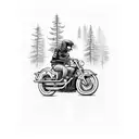 Harley Davidson motorcycle riding through a forest of pine trees in the rain tattoo design idea