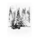 Harley Davidson motorcycle riding through a forest of pine trees in the rain tattoo design idea