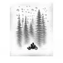 Harley Davidson motorcycle riding through a forest of pine trees in the rain tattoo design idea