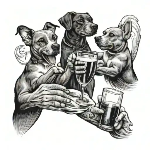 A symbolic tattoo featuring a dog, a swimmer, and a group of friends raising a toast to celebrate life and friendship tattoo design idea