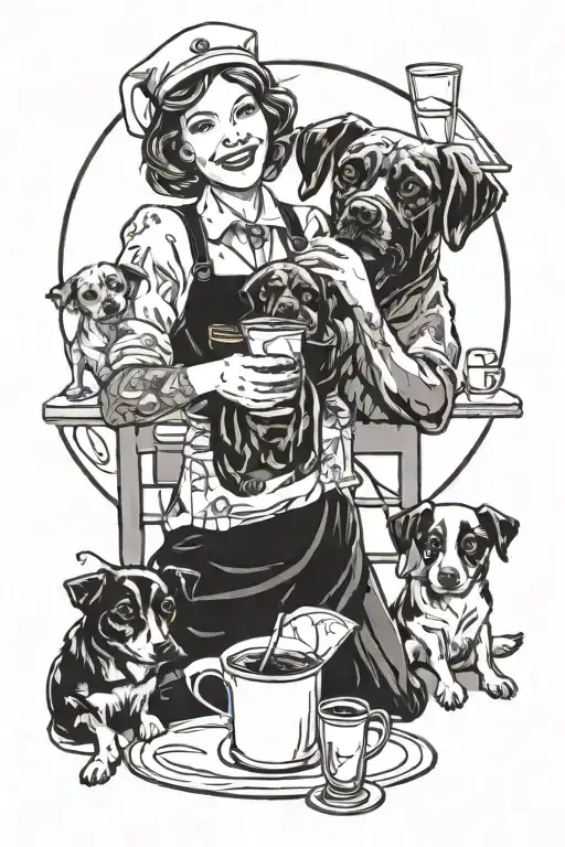 A whimsical illustration of a nurse caring for a dog, surrounded by family and friends enjoying a drink tattoo design idea