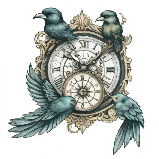 infinity symbol, clock, compass, bird tattoo design idea