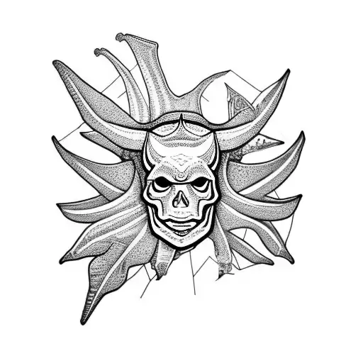 skull of a triceratops with monstera leaves and an Egyptian winged beetle tattoo design idea