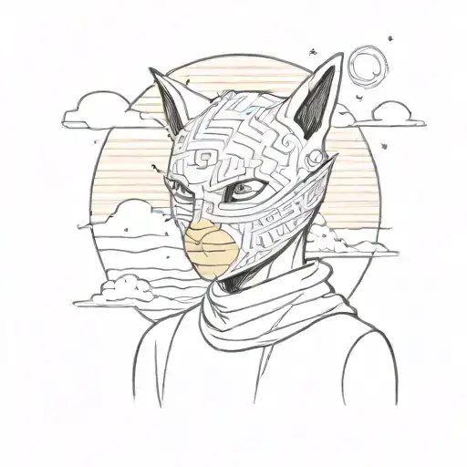 A minimalist sketch of a human wearing a gnaga cat mask admiring a sunset on the horizon and connecting with universe tattoo design idea
