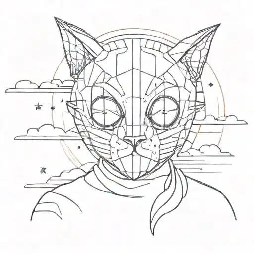 A minimalist sketch of a human wearing a gnaga cat mask admiring a sunset on the horizon and connecting to the universe tattoo design idea