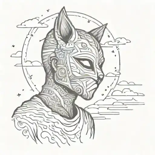 A sketch of a human wearing a gnaga cat mask admiring a sunset on the horizon and connecting with the whole universe tattoo design idea