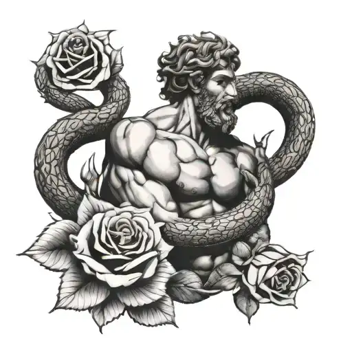 A powerful tattoo showcasing the strength and agility of a Greek god, with snakes and roses as symbols of power and beauty tattoo design idea