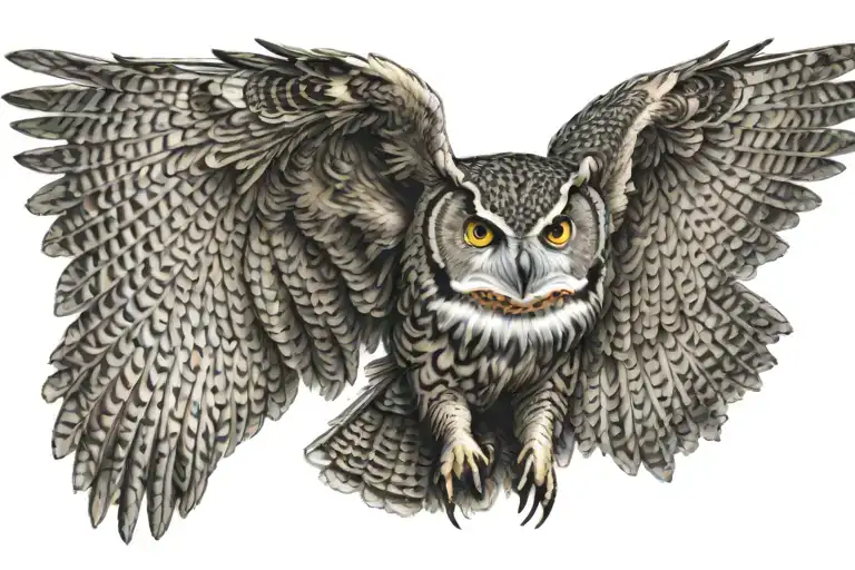 Front face of owl in flight with wings spread, and talents extended in attack mode  tattoo design idea
