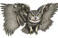 Front face of owl in flight with wings spread, and talents extended in attack mode  tattoo design idea