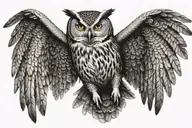 Front face of owl in flight with wings spread, and talents extended in attack mode  tattoo design idea