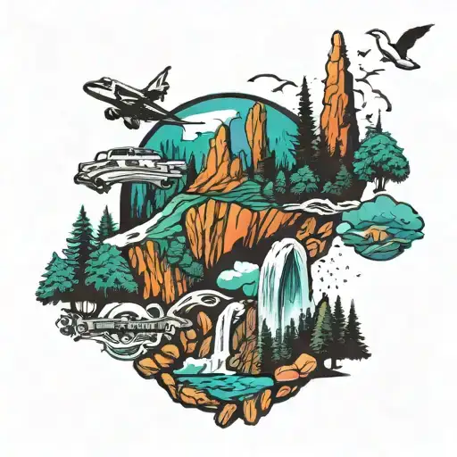 A collage of different national park landmarks like waterfalls, canyons, and forests, forming a unique and vibrant sleeve tattoo tattoo design idea
