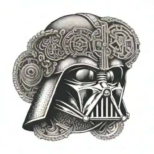 An intricate dotwork pattern featuring the Rebel Alliance symbol and Darth Vader's helmet tattoo design idea