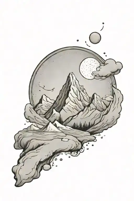 single mountain and large moon surrounded the gemini constillation faded into the background tattoo design idea