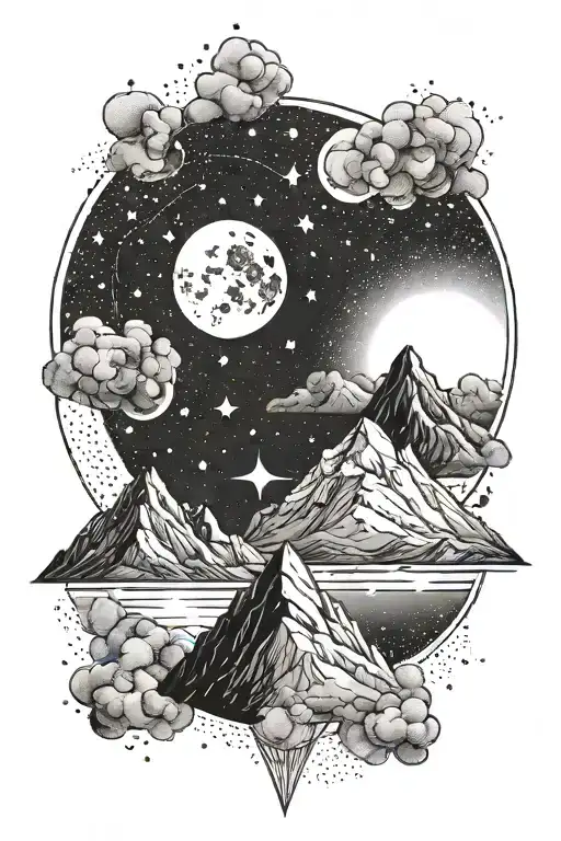 moon and small mountain and gemini constillation tattoo design idea