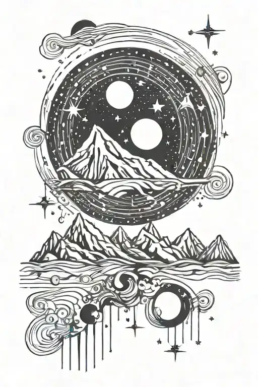 moon and a single mountain with gemini constellation  tattoo design idea