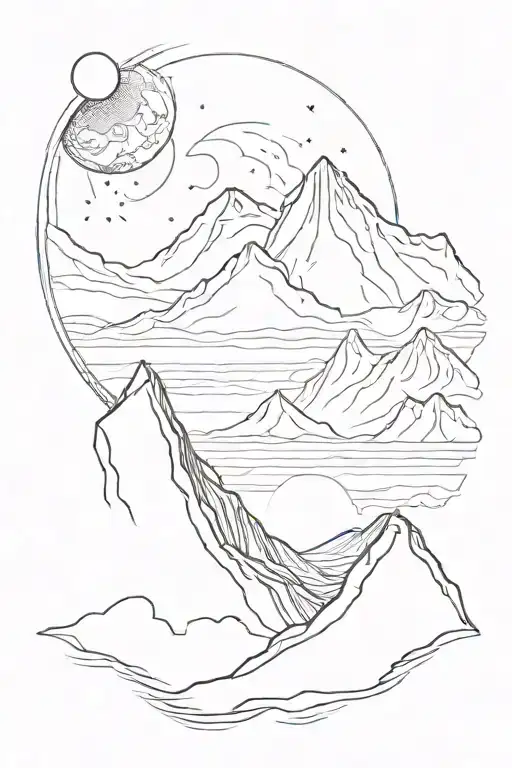 single mountain and moon surrounded by straight vertical lines tattoo design idea