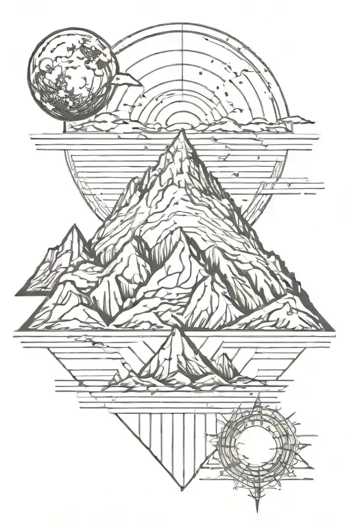single mountain and moon surrounded by straight vertical lines tattoo design idea