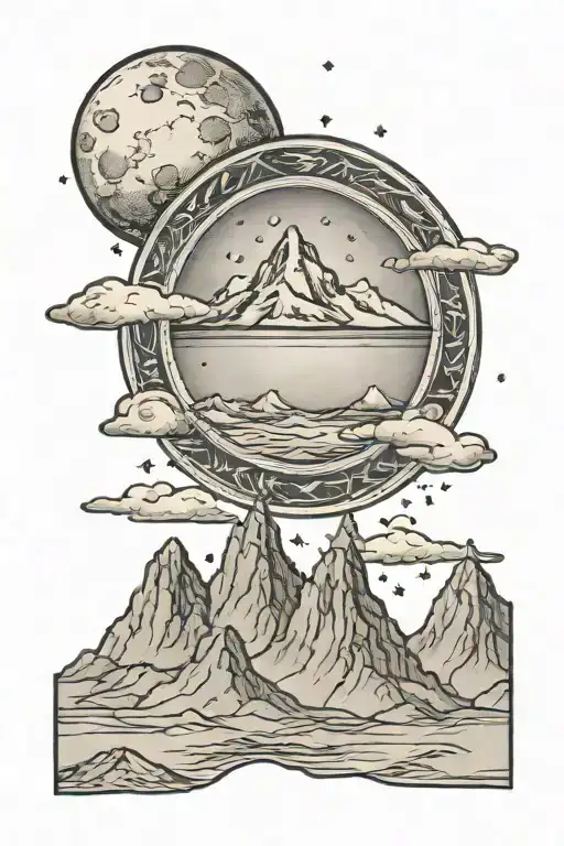 single mountain and large moon surrounded the gemini constillation faded into the background tattoo design idea