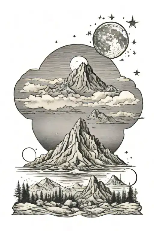 single mountain and large moon surrounded the gemini constillation faded into the background tattoo design idea