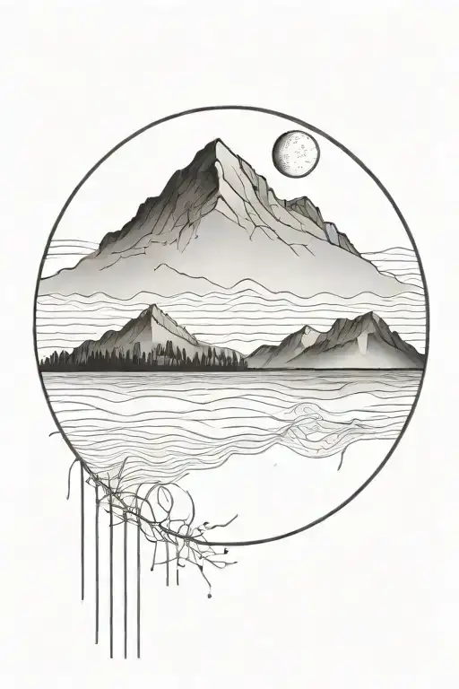 big moon and mauntain with lines above and below it tattoo design idea