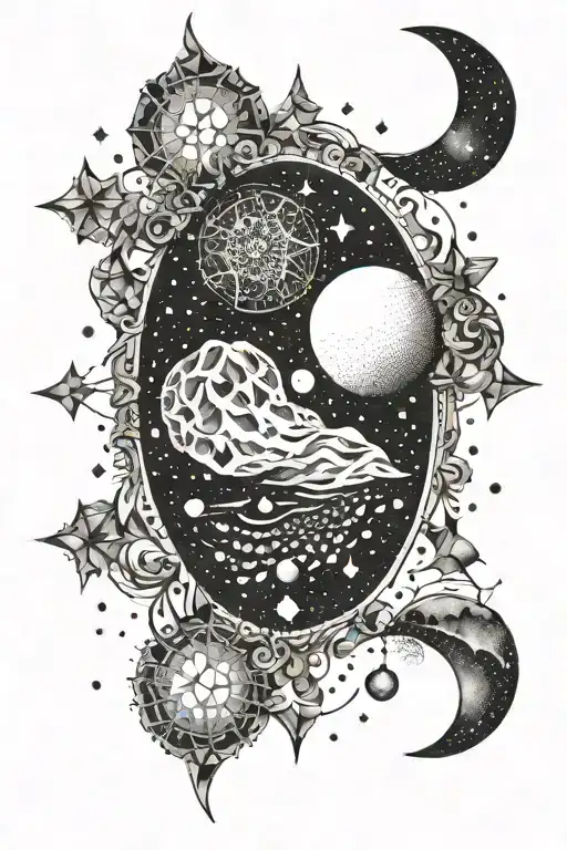 moon and small boulder and gemini constillation tattoo design idea