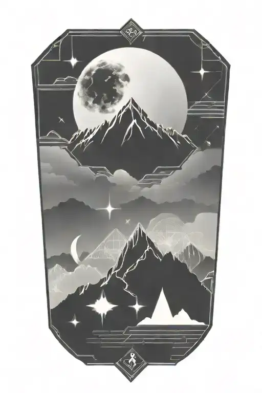 moon and mauntain with long straight lines above and below tattoo design idea