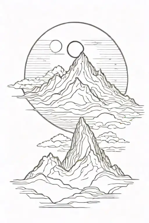 single mountain and moon surrounded by straight vertical lines tattoo design idea