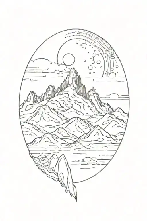 single mountain and moon surrounded by straight vertical lines tattoo design idea