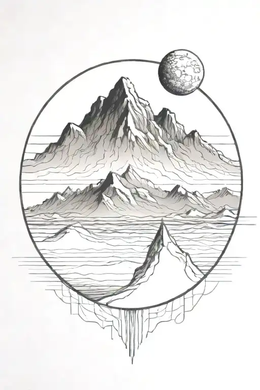 moon and mauntain with long straight lines above and below tattoo design idea