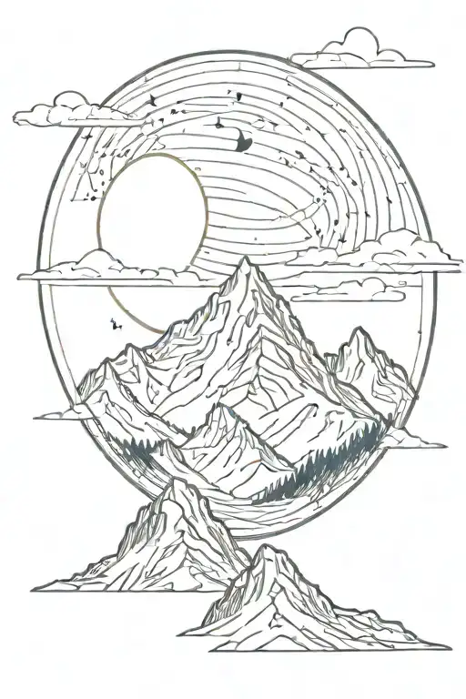 single mountain and moon surrounded by straight vertical lines tattoo design idea