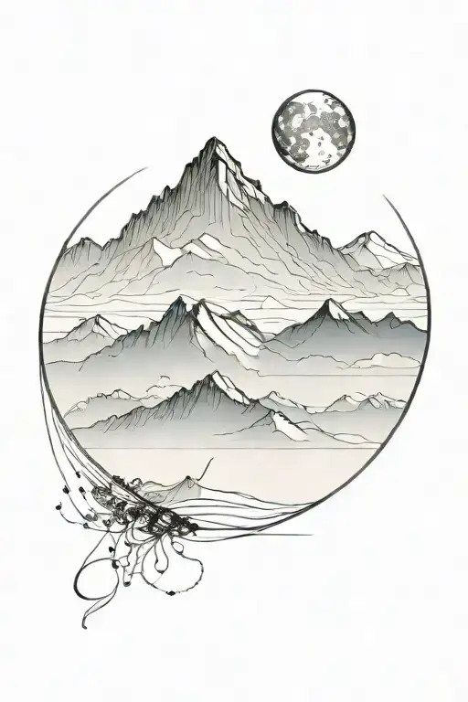 moon and mauntain with long straight lines above and below tattoo design idea